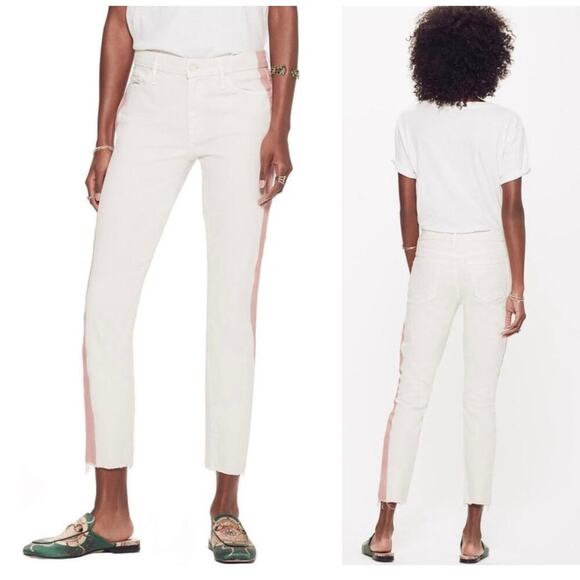 Mother Looker Ankle Fray So Far Gone Jeans Mid Rise White Pink Stripe Size 24 - Picture 2 of 15
